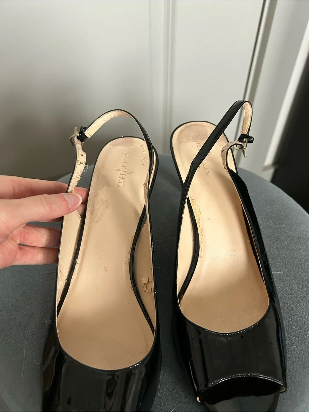 Cole Haan Black Patent Slingback Peep-Toe Heels - Picture 4 of 6